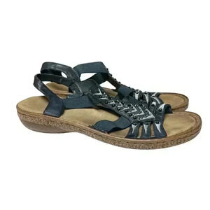 Rieker Women's Blue Beaded Embroidered Strap Sandal Size 39/8